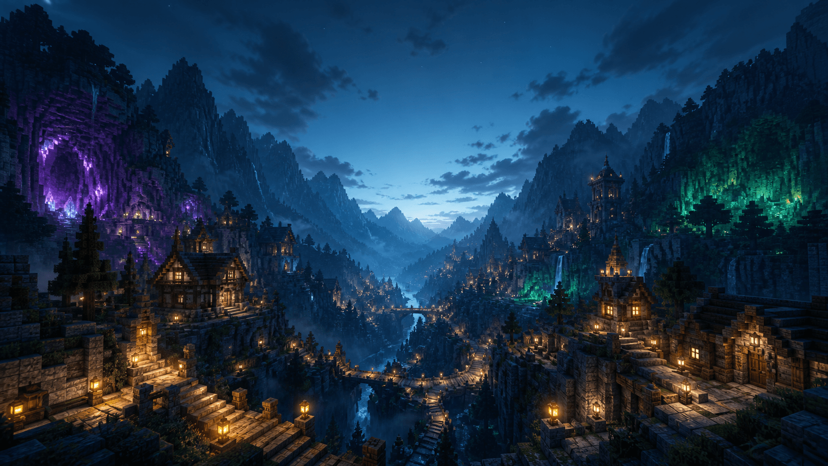 A lantern-lit survival settlement across a mountain valley at twilight